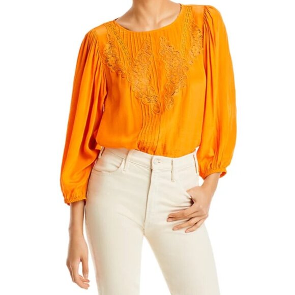 Farm Rio Vibrant Orange 3/4 Sleeve Lace Trim Blouse (M) - Picture 11 of 11